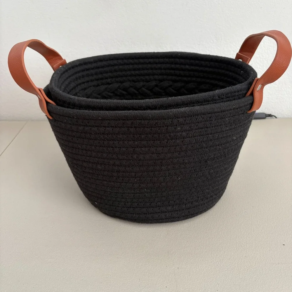 Set of 2 Black Woven Cotton Rope Baskets with Leather Handles Nested Storage